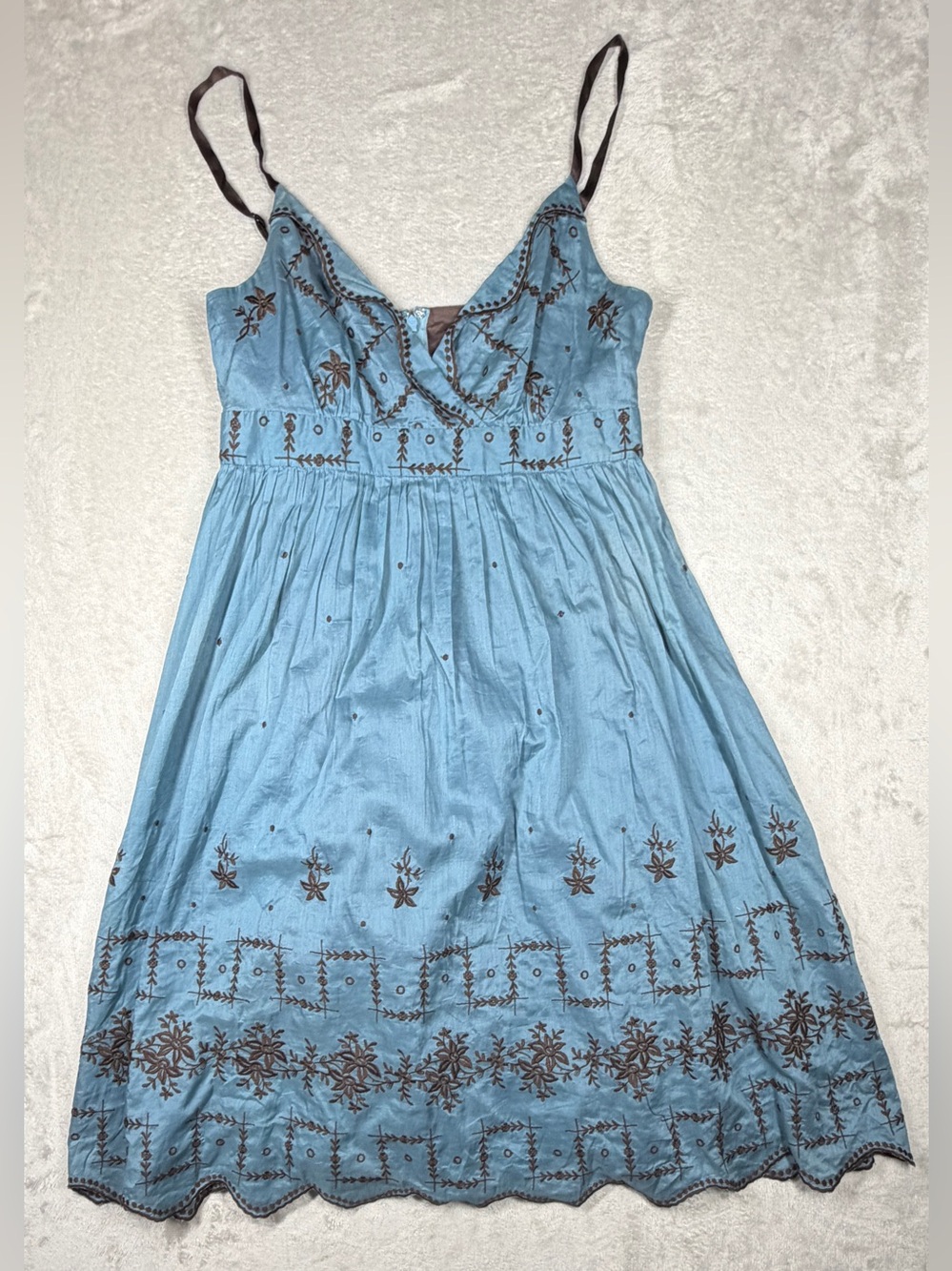 Anthropologie Vintage Y2K Babydoll Saja Embroidered Floral Blue Brown Sundress 6